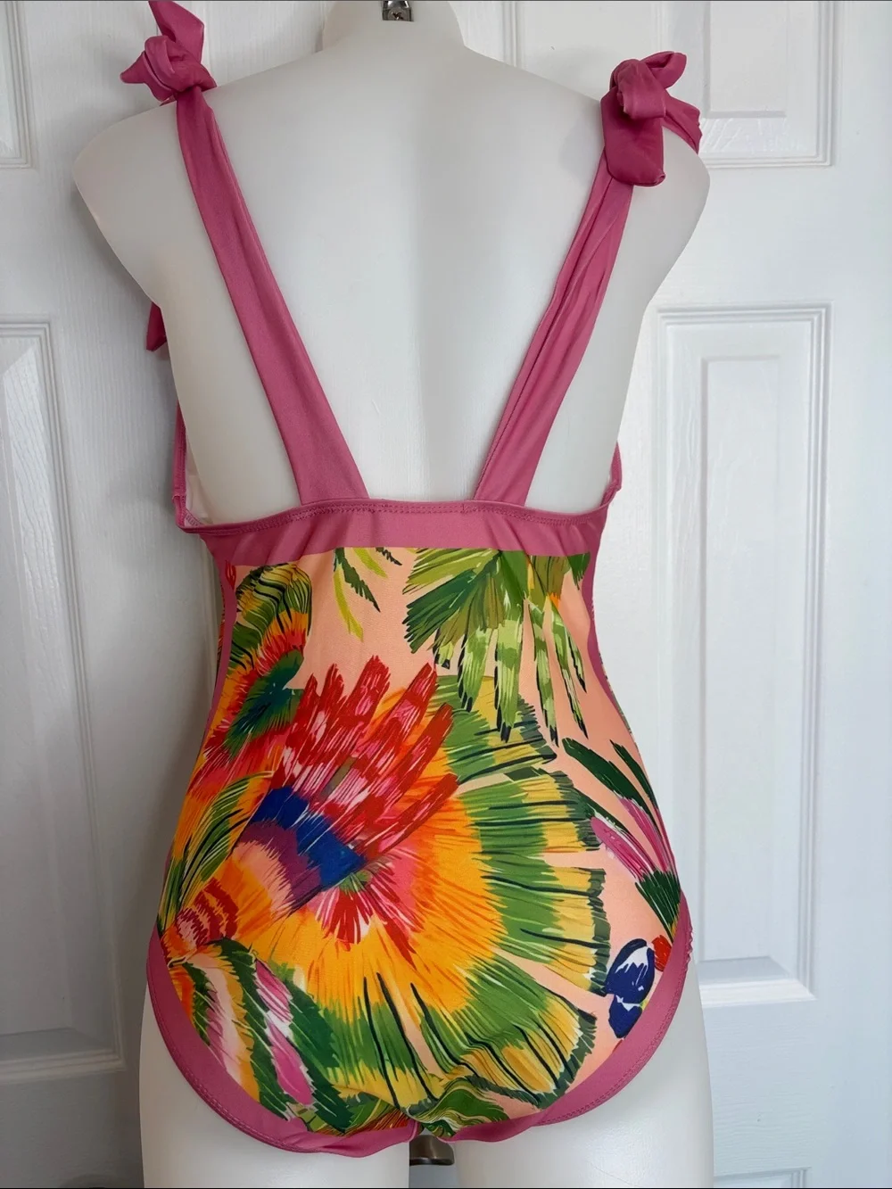 Pink Tropical One-Piece Swimsuit Tie Straps Matching Maxi Sarong Wrap Set Size M